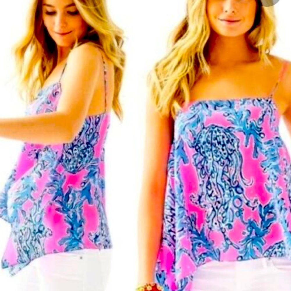 Lilly Pulitzer Pink & Blue 100% Silk Kimi Coral Cami Woman’s Flowy Top Size XS
